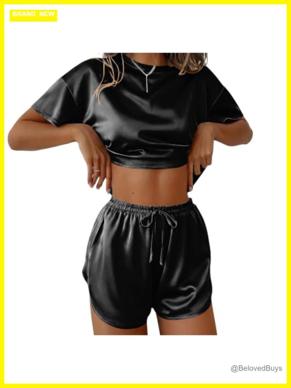 Satin Pajama Set Short Sleeve Side Split Shorts Lounge Sleepwear Women